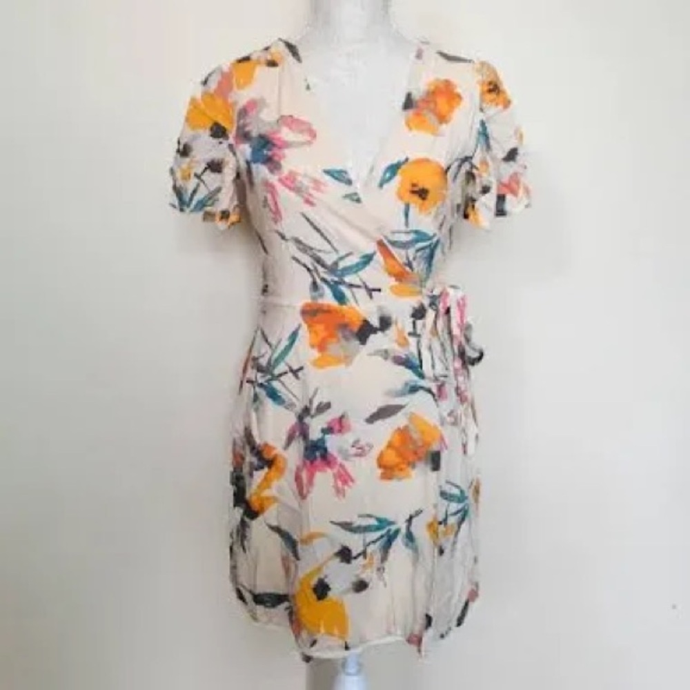 BCBGeneration Cream Floral Wrap Mini Sun Dress with Yellow & Pink Accents